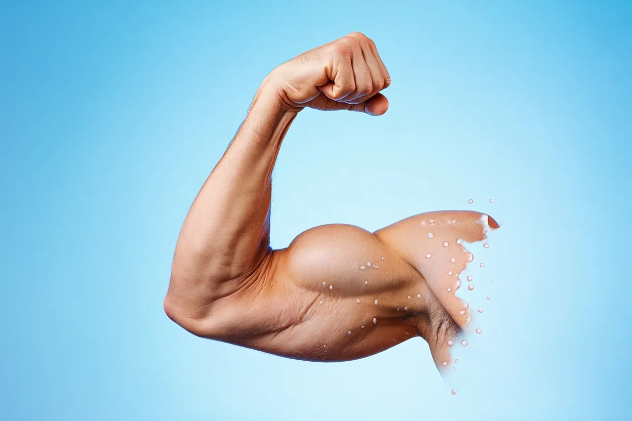 Bras musclé dont la graisse fond — illustration du concept bimagrumab + sémaglutide