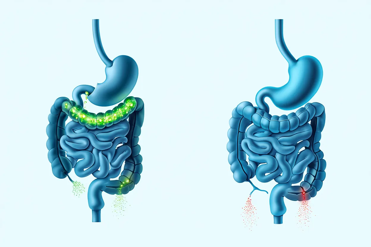 Illustration médicale comparant deux systèmes digestifs : bypass gastrique avec GLP-1 en hausse et sleeve gastrectomie avec ghréline en baisse