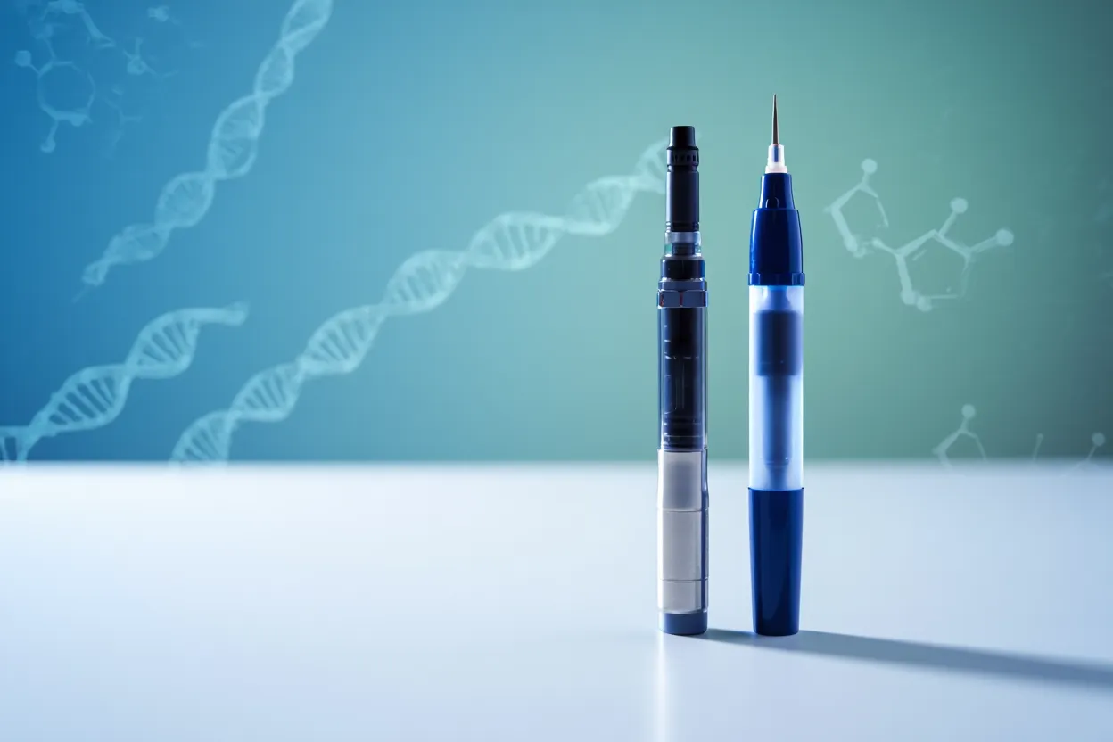 Deux stylos injecteurs pharmaceutiques côte à côte sur une surface clinique, illustrant la combinaison CagriSema versus sémaglutide seul