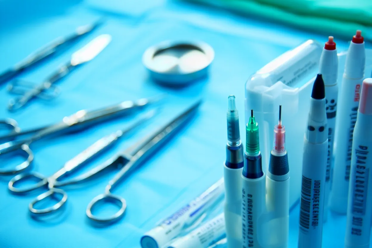 Salle d'opération moderne avec instruments de chirurgie bariatrique et stylos injecteurs GLP-1 côte à côte — illustration de l'essai NCT06803888