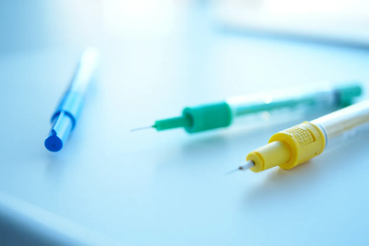 Trois stylos injecteurs de médicaments GLP-1 posés sur une surface médicale — comparatif tirzépatide sémaglutide liraglutide