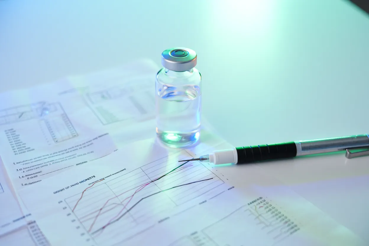 Flacon médical transparent étiqueté GLP-1 sur une surface de laboratoire blanche, graphiques de données cliniques en arrière-plan, éclairage bleu-vert doux