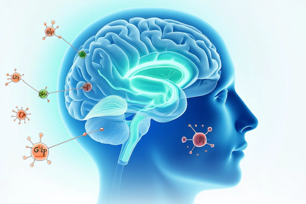 Illustration d'un cerveau humain avec des connexions neuronales lumineuses évoquant l'effet des agonistes GLP-1 sur la neuroinflammation et l'anxiété