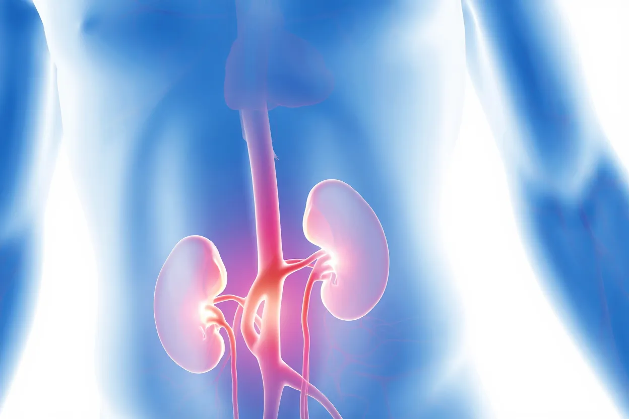 Illustration médicale montrant la connexion anatomique entre les reins et le cœur via les vaisseaux sanguins