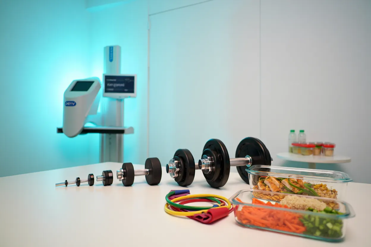 Salle de consultation avec balance à impédancemétrie et haltères de musculation — programme combiné GLP-1 et exercice