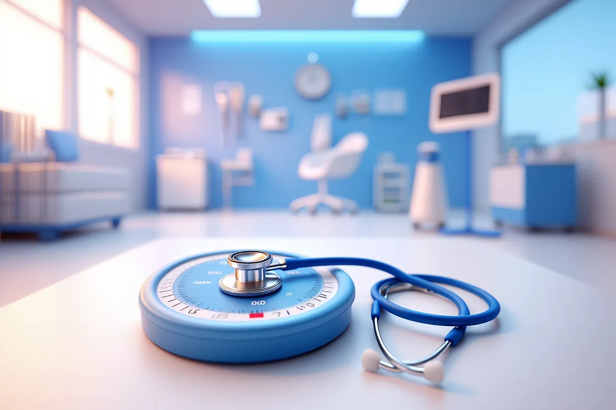 Stéthoscope posé sur une balance pédiatrique dans un cabinet médical moderne — illustration obésité infantile et GLP-1