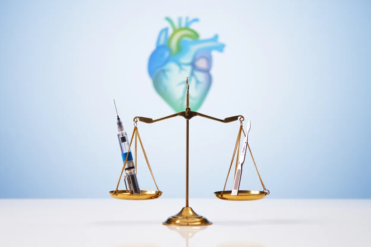 Balance médicale avec un stylo d'injection GLP-1 d'un côté et un scalpel chirurgical de l'autre au-dessus d'un cœur anatomique stylisé