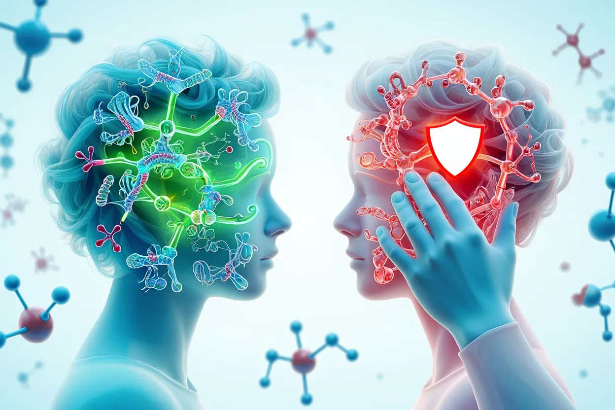 Illustration médicale d'un double mécanisme moléculaire — agoniste GLP-1 et antagoniste GIP