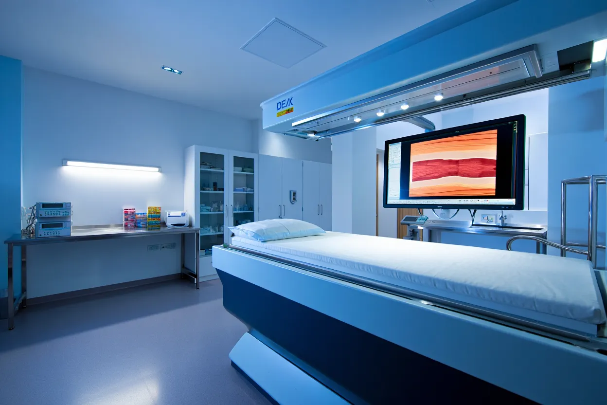 Scanner DEXA de composition corporelle dans un laboratoire hospitalier moderne — illustration de l'essai tirzépatide + bimagrumab