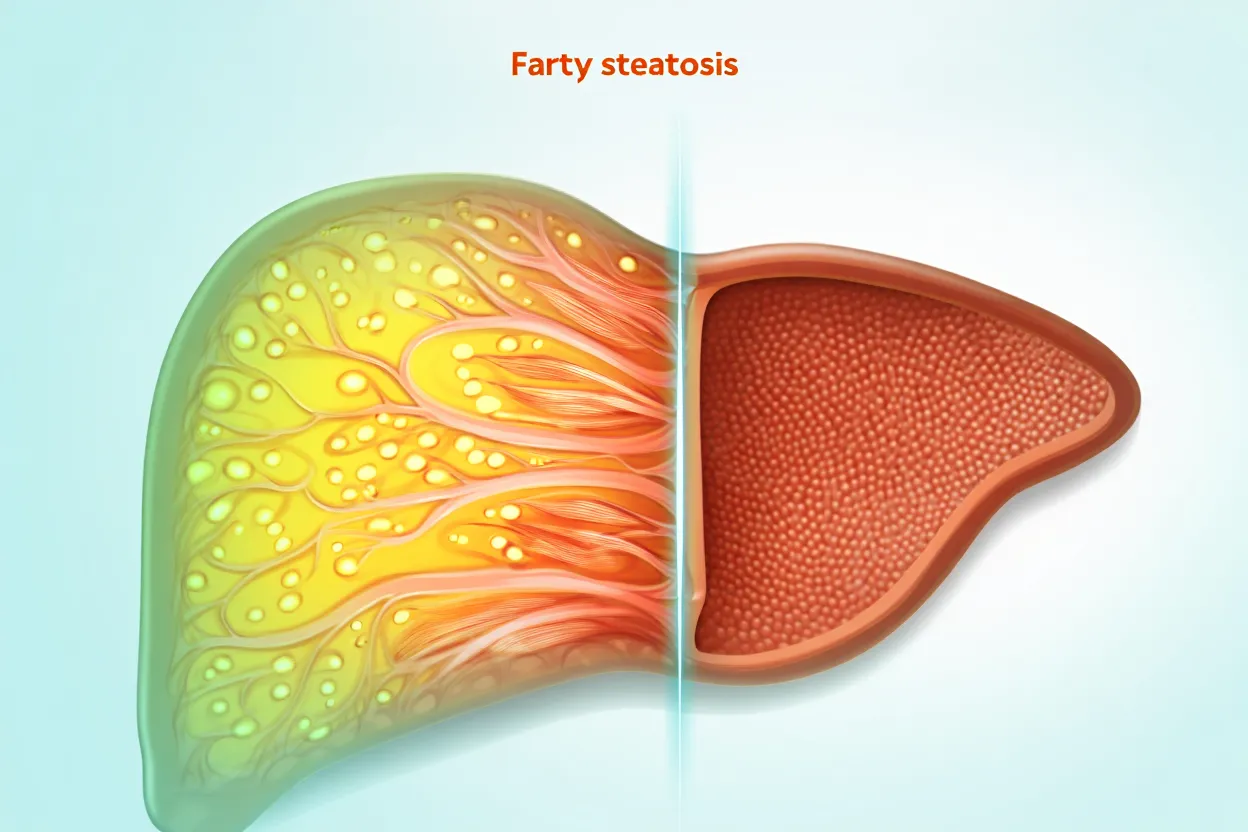 Illustration médicale d'un foie en coupe montrant la réduction de la graisse hépatique