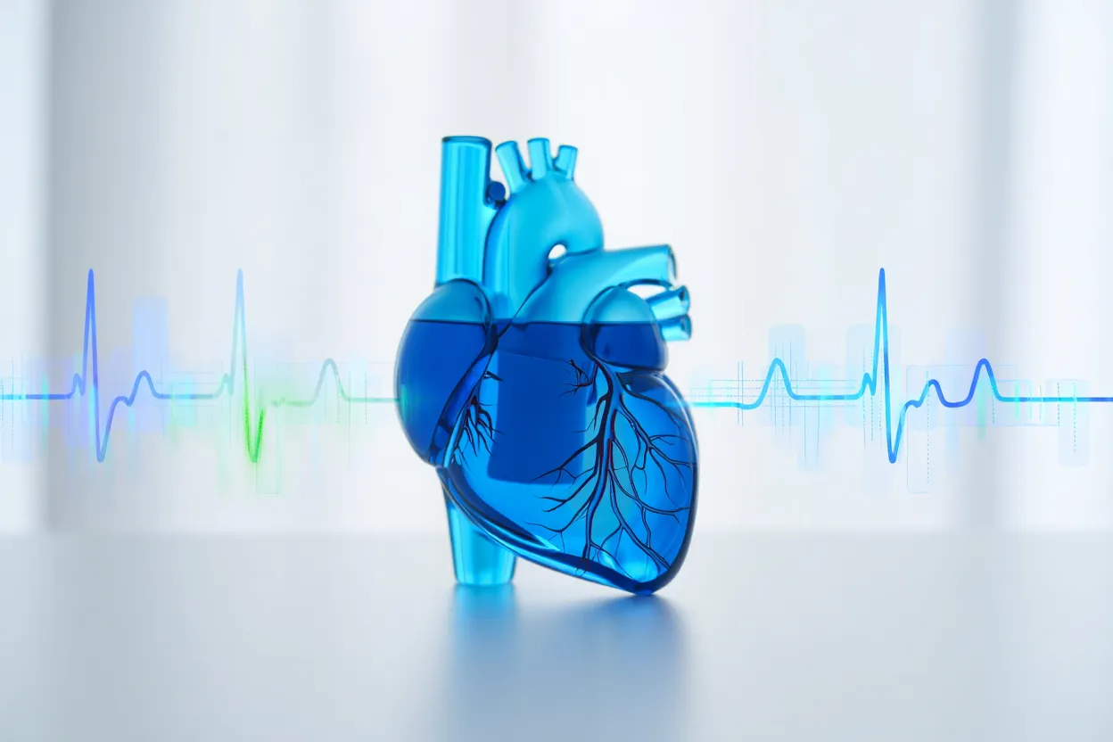 Illustration médicale d'un cœur protégé, entouré de données de pharmacovigilance — étude FAERS sur le tirzépatide