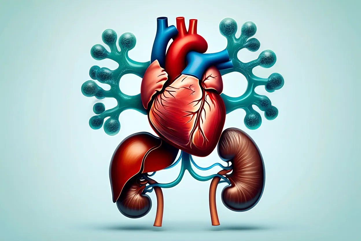 Illustration médicale montrant le cœur, le foie et les reins avec un schéma moléculaire du tirzépatide