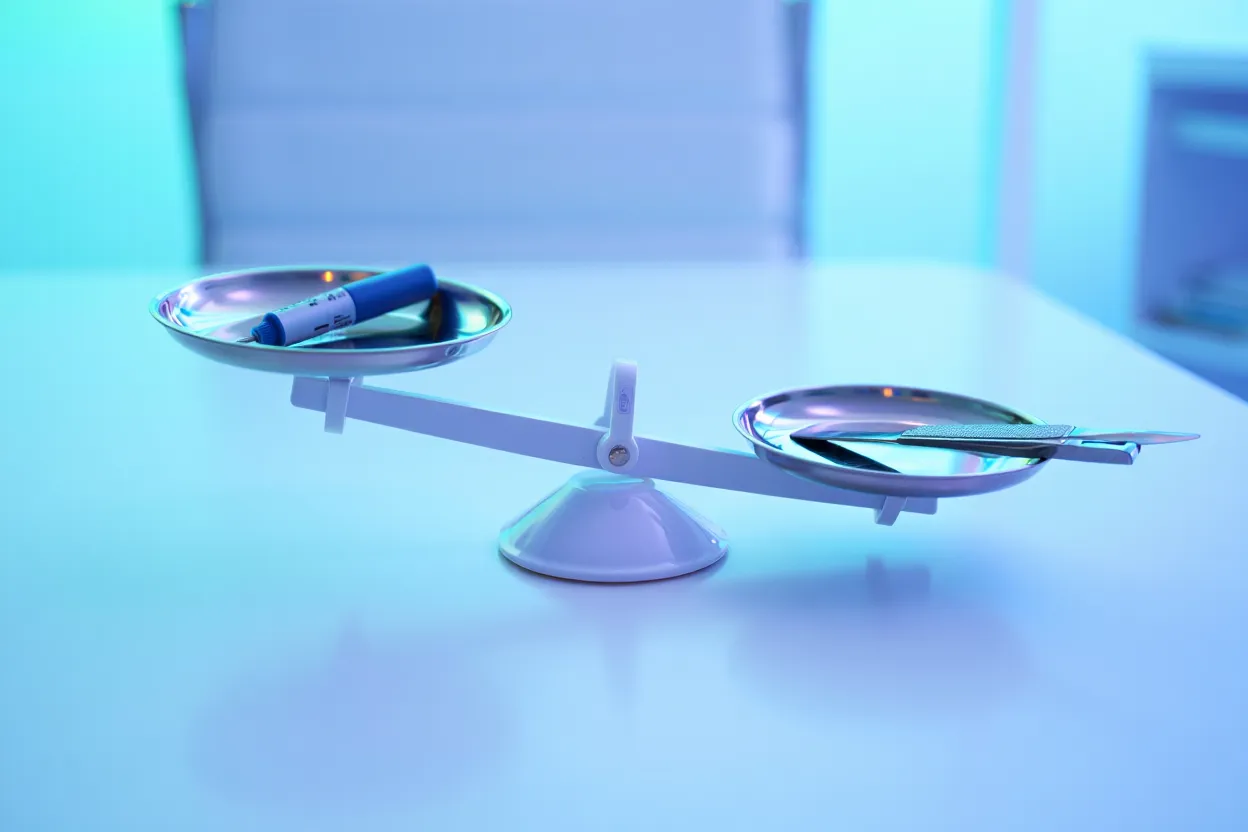 Illustration médicale montrant une balance équilibrée entre un stylo injecteur et un scalpel chirurgical, tons bleus et verts