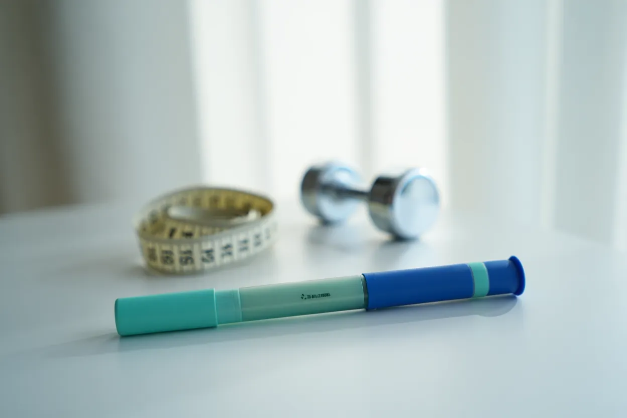Stylo injecteur Mounjaro posé sur une surface blanche à côté d'un mètre ruban et d'un haltère léger — illustration composition corporelle