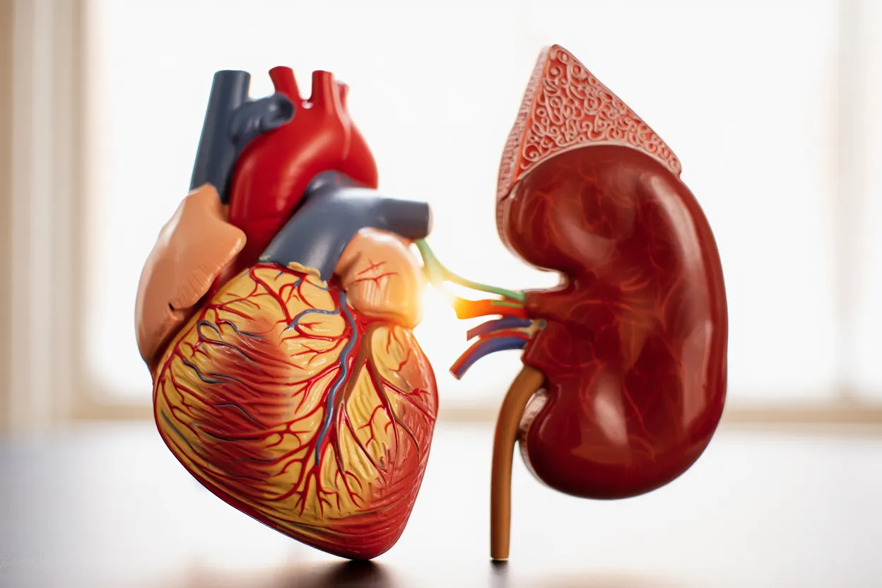 Illustration médicale d'un cœur et d'un rein protégés par un bouclier lumineux — étude tirzépatide vs GLP-1 sur le syndrome CKM