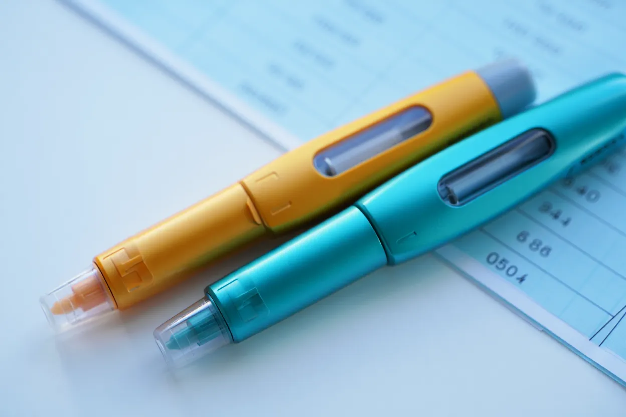Deux stylos d'injection GLP-1 côte à côte sur une surface médicale, représentant la comparaison Mounjaro vs Trulicity