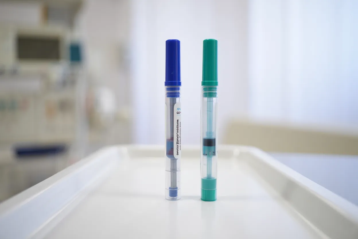 Deux stylos injecteurs GLP-1 posés côte à côte sur un plateau médical, lumière clinique douce, concept de comparaison pharmaceutique