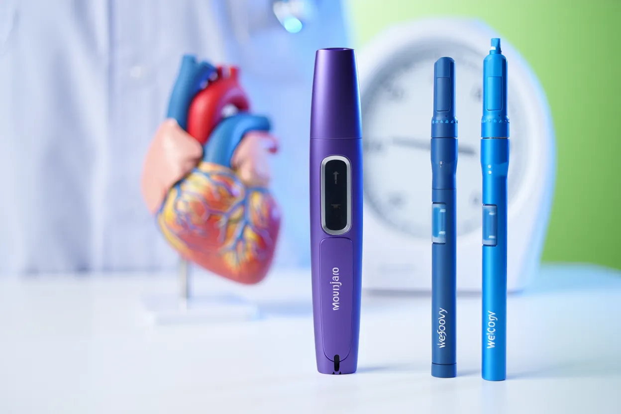 Deux stylos injecteurs Mounjaro et Wegovy côte à côte sur une surface médicale blanche avec une balance et un cœur en arrière-plan