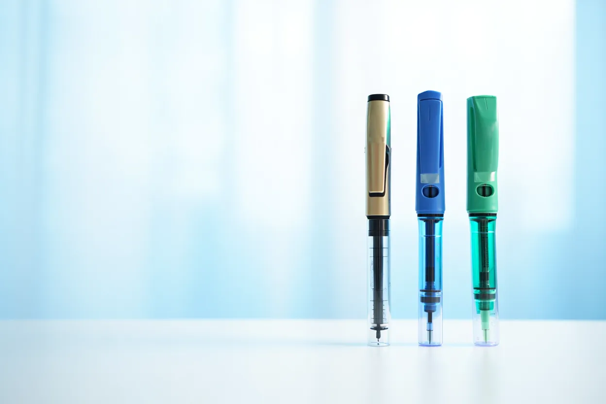 Trois stylos injecteurs pharmaceutiques côte à côte sur une surface médicale blanche — comparaison Mounjaro, Wegovy et Saxenda