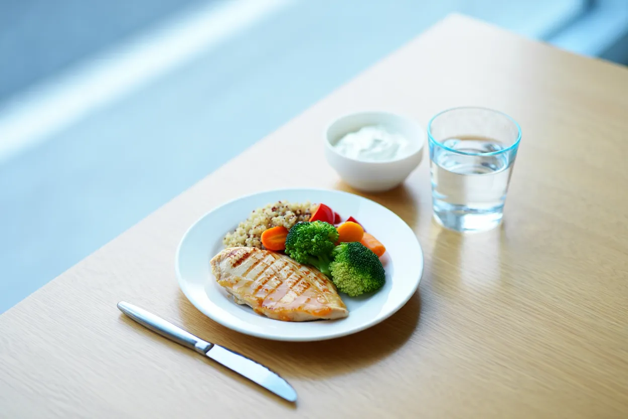 Assiette équilibrée avec légumes frais, protéines et stylo injecteur GLP-1 posé sur une table médicale