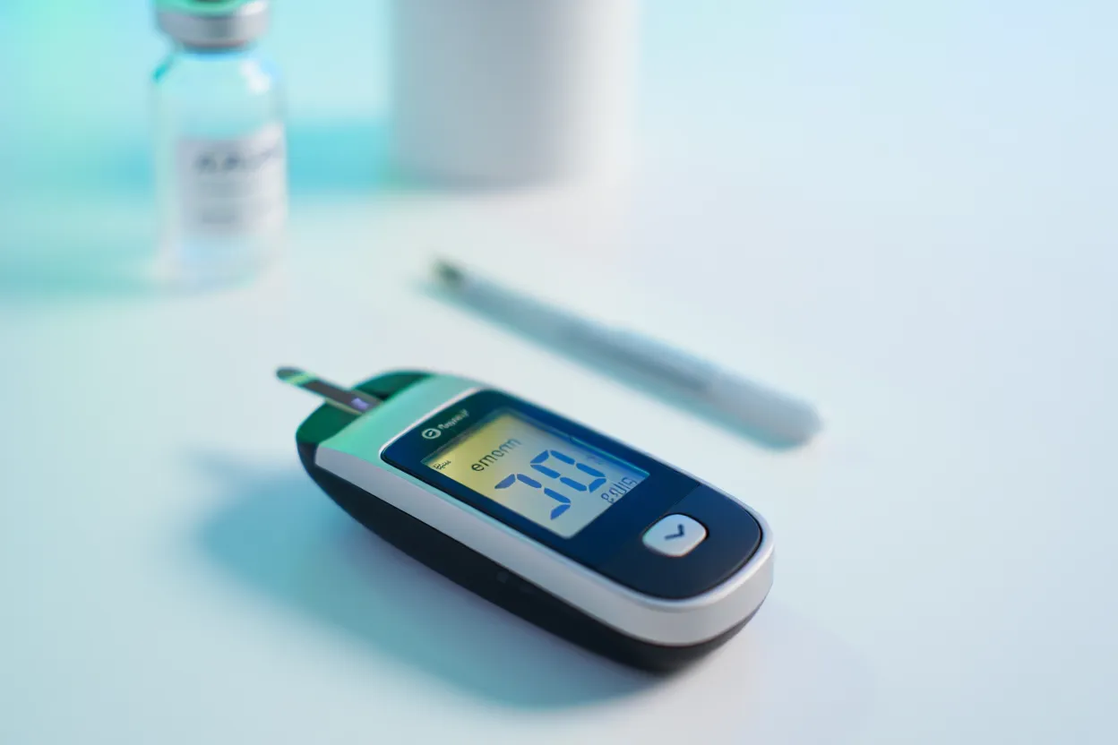 Glucomètre affichant une glycémie normale sur fond de laboratoire médical — prévention du diabète par les traitements GLP-1