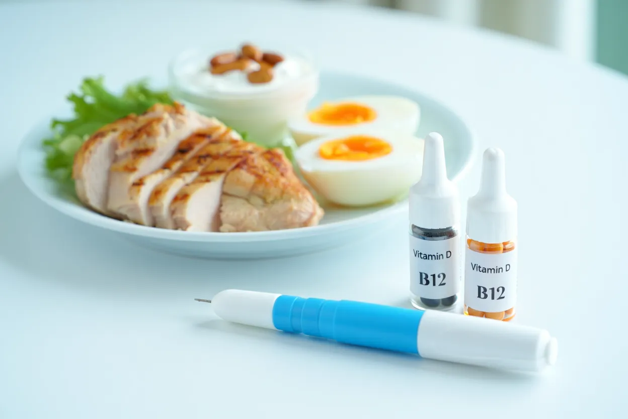 Aliments riches en protéines à côté d'un stylo injecteur Wegovy et de compléments vitaminés sur fond médical