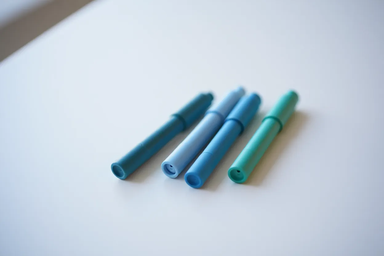 Quatre stylos injecteurs GLP-1 côte à côte — comparatif Mounjaro, Wegovy, Saxenda, Trulicity