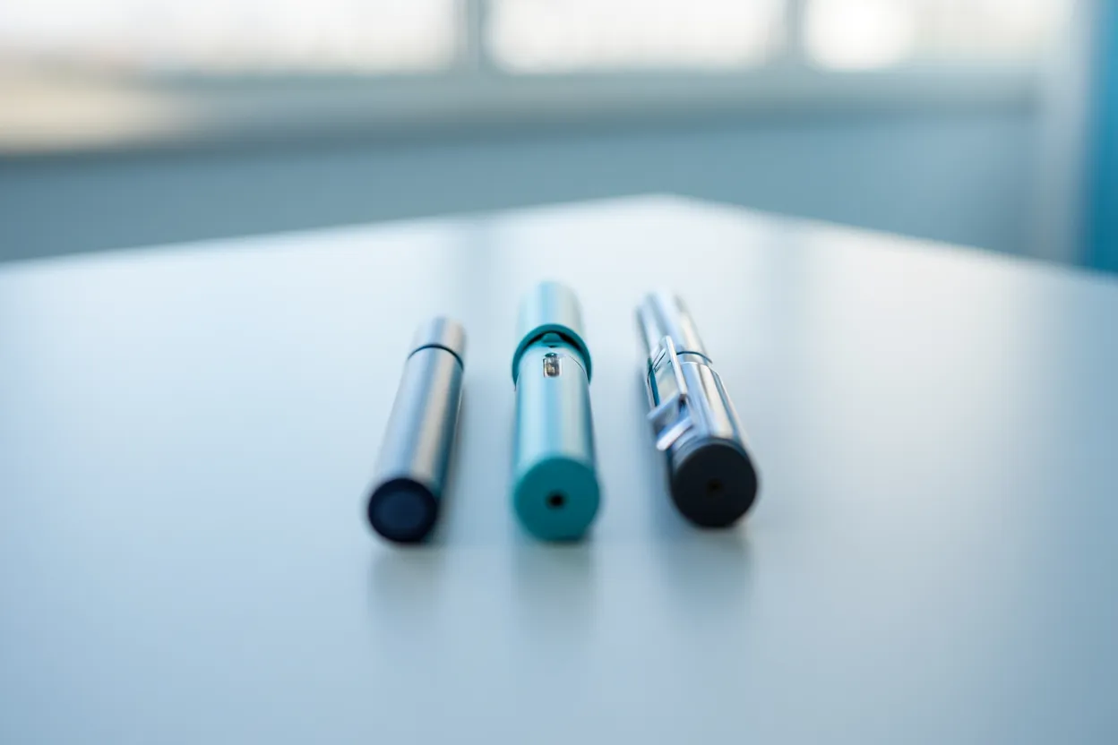 Trois stylos injecteurs GLP-1 alignés sur fond médical — comparaison Mounjaro Wegovy Saxenda