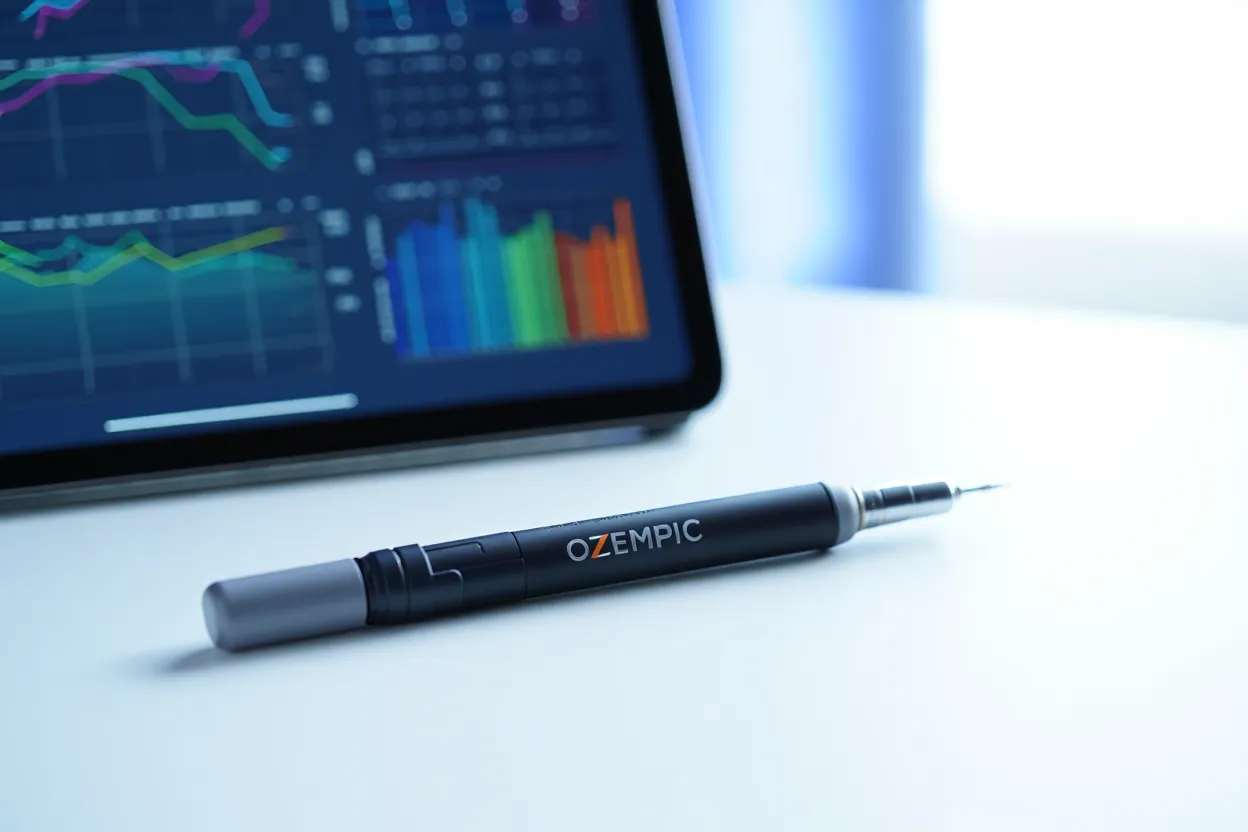 Stylo injecteur Ozempic posé à côté d'un écran affichant des courbes de données médicales générées par intelligence artificielle