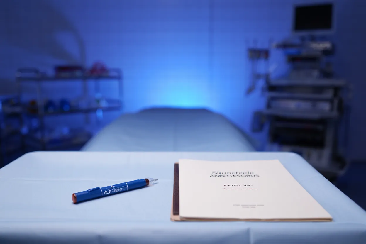 Salle de préparation chirurgicale avec un stylo injecteur Ozempic posé à côté d'un dossier d'anesthésie sur une table médicale