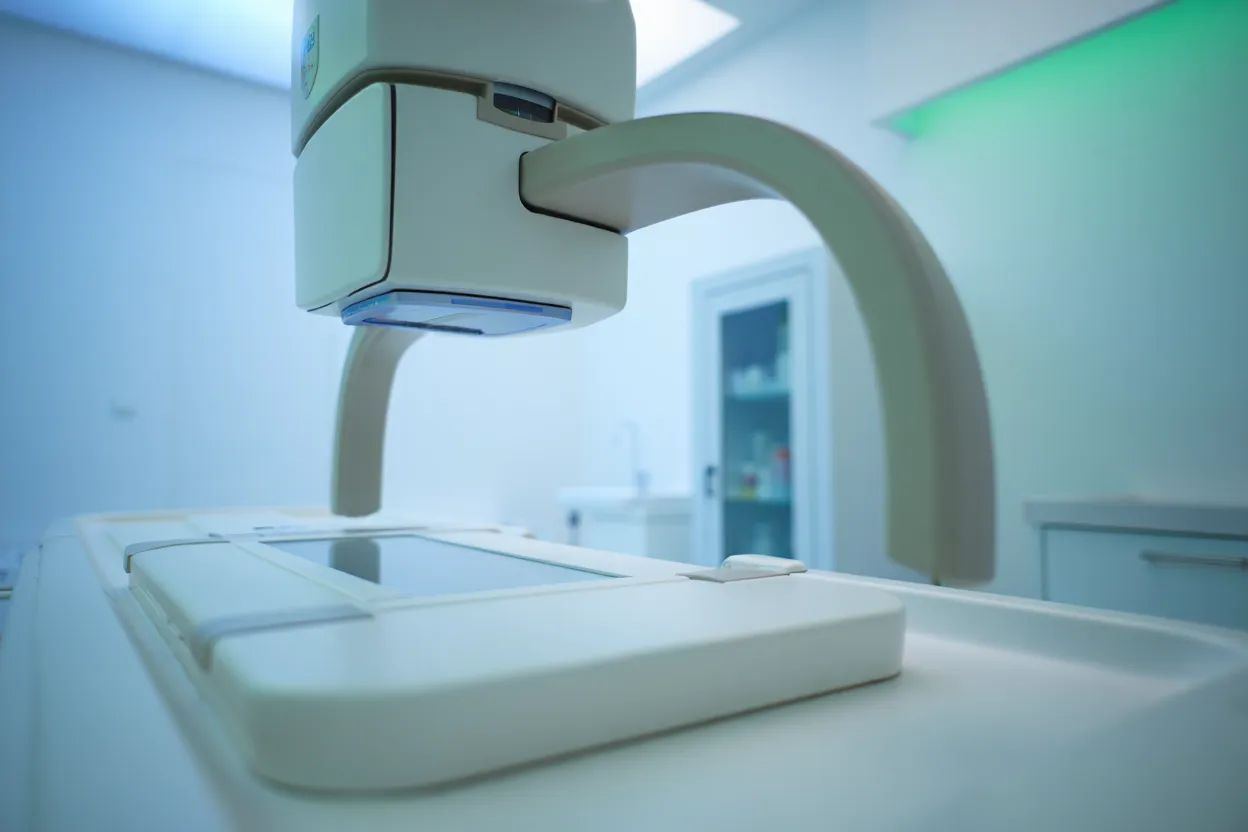 Main posée sur un appareil de densitométrie osseuse DXA dans un environnement médical éclairé en bleu