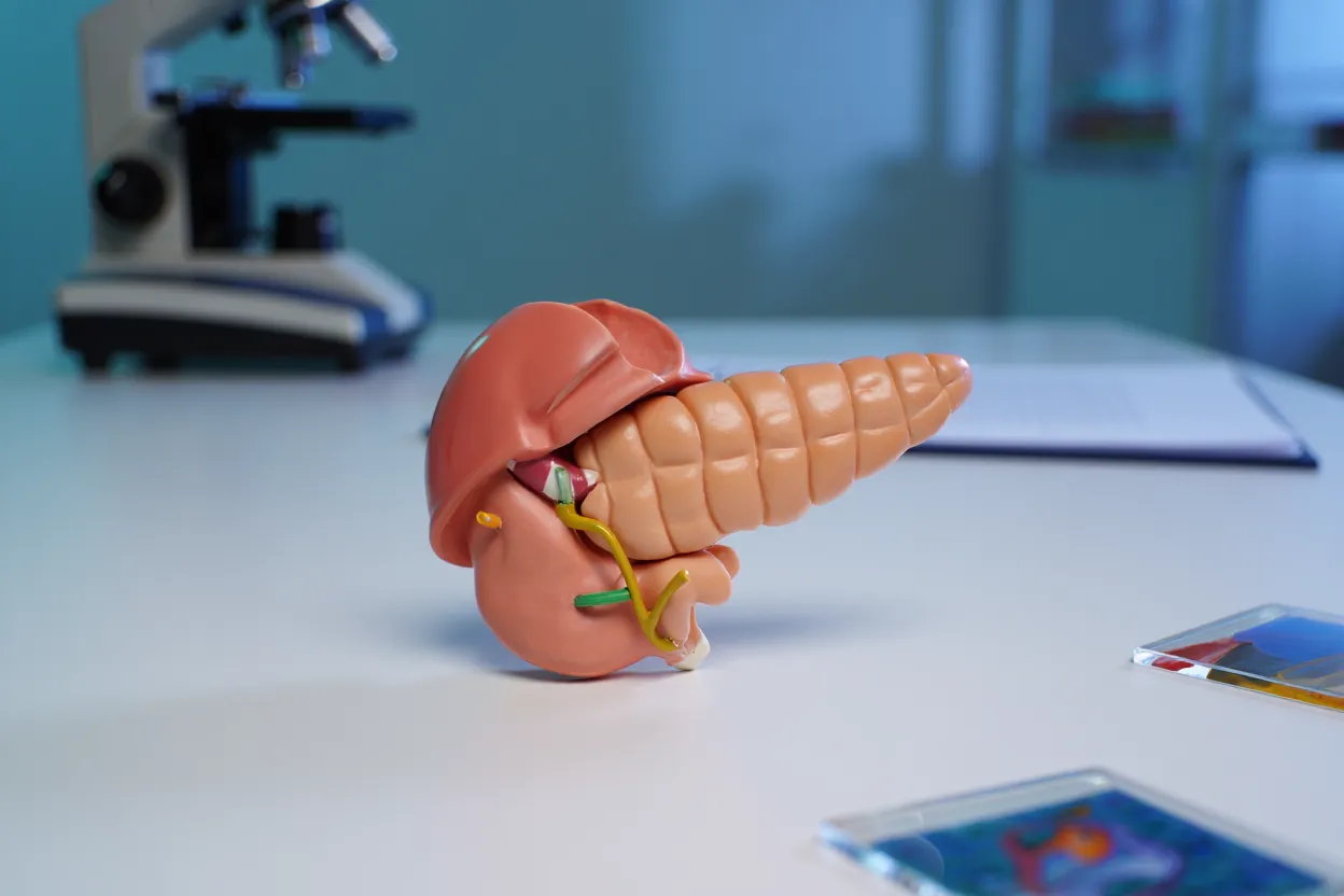 Modèle anatomique d'un pancréas sain dans un environnement de laboratoire médical — illustration pour la méta-analyse GLP-1 et cancer du pancréas