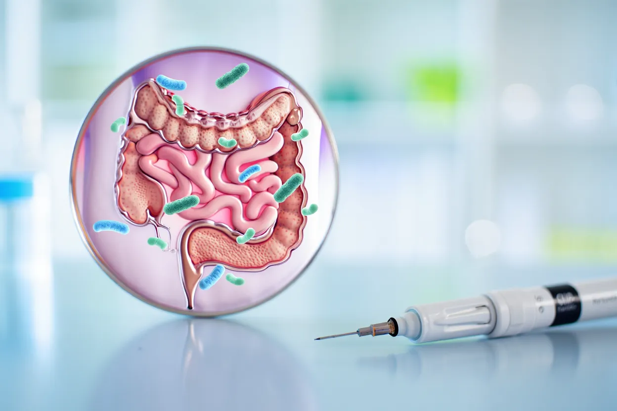 Illustration médicale d'un intestin en bonne santé avec des capsules de probiotiques et une seringue de GLP-1