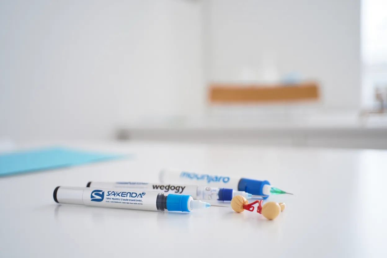 Trois stylos injecteurs GLP-1 posés sur une surface médicale blanche à côté d'un modèle anatomique d'ovaire — traitements et SOPK