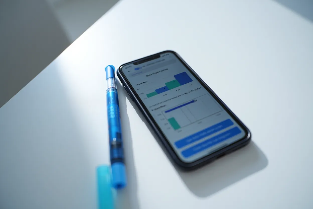 Smartphone affichant une app de suivi du poids à côté d'un stylo injecteur de sémaglutide sur un bureau médical