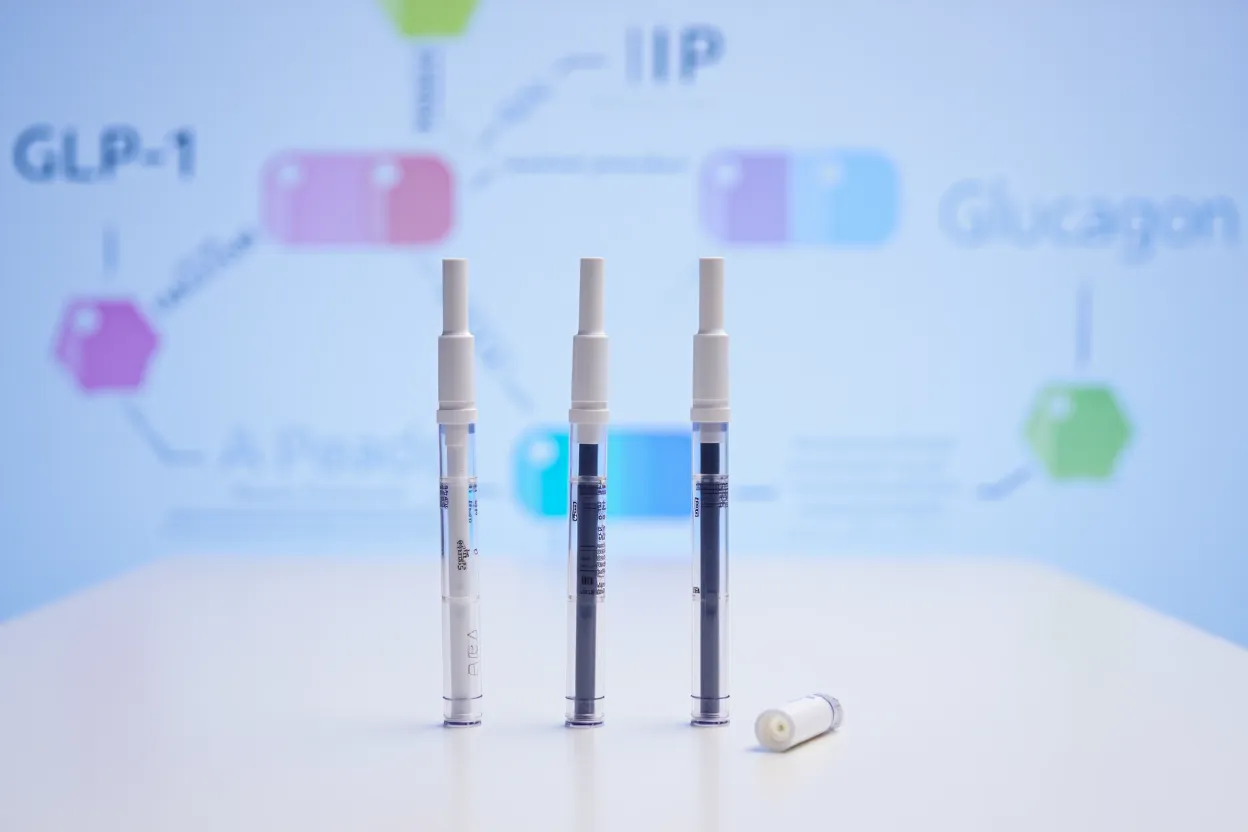 Trois stylos injecteurs survodutide, Mounjaro et Wegovy alignés sur fond médical bleu, schéma d'hormones GLP-1, GIP et glucagon en arrière-plan