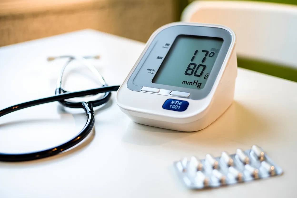 Tensiomètre numérique affichant une tension normale dans un cadre médical épuré