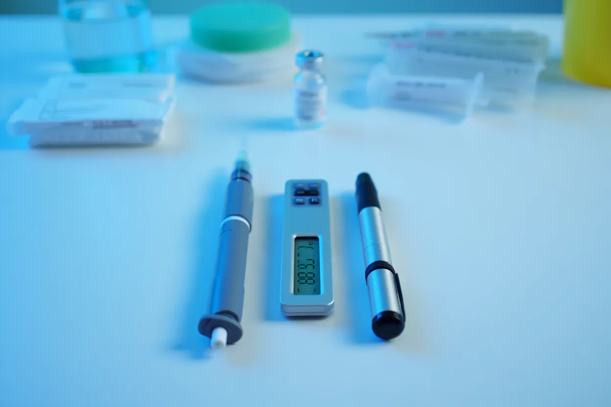 Deux stylos injecteurs côte à côte sur une balance — illustration du comparatif coût-efficacité tirzépatide vs sémaglutide