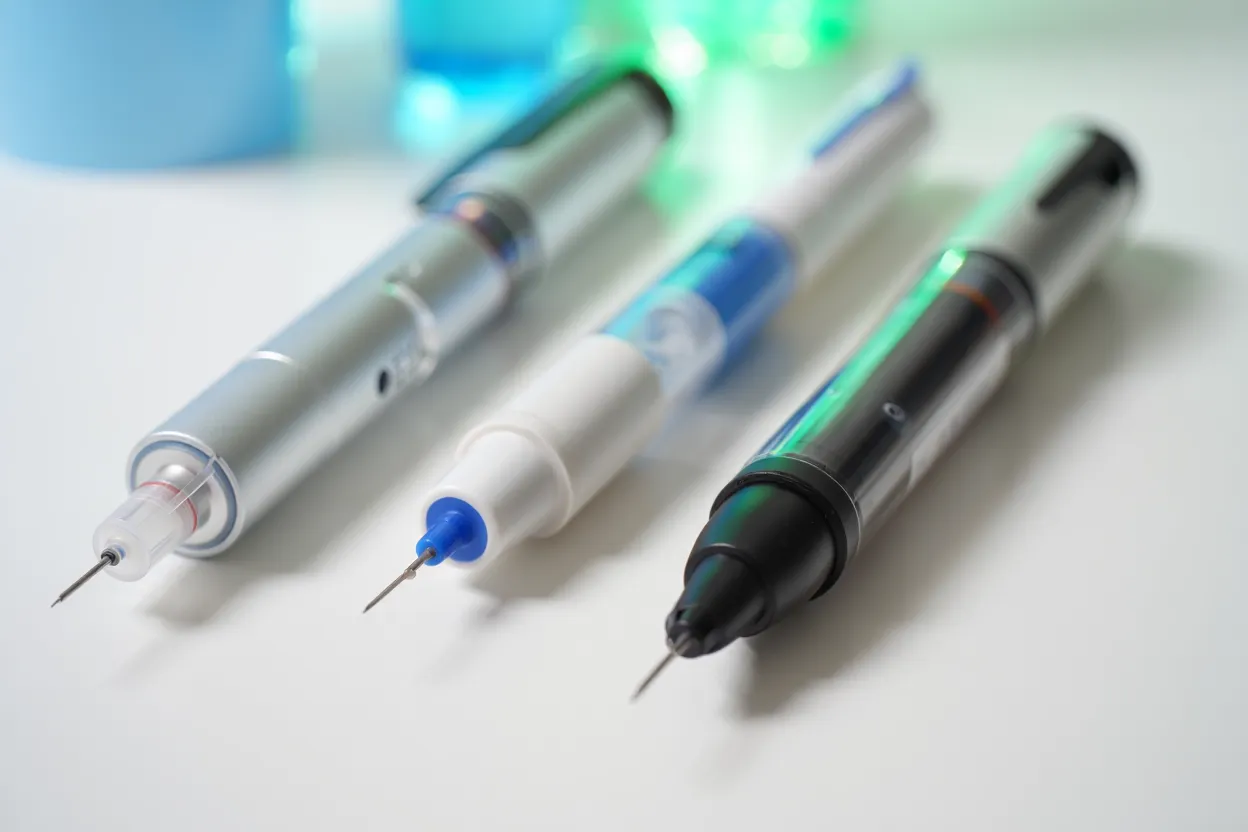 Trois stylos injecteurs côte à côte sur fond médical bleu — comparatif tirzépatide sémaglutide liraglutide
