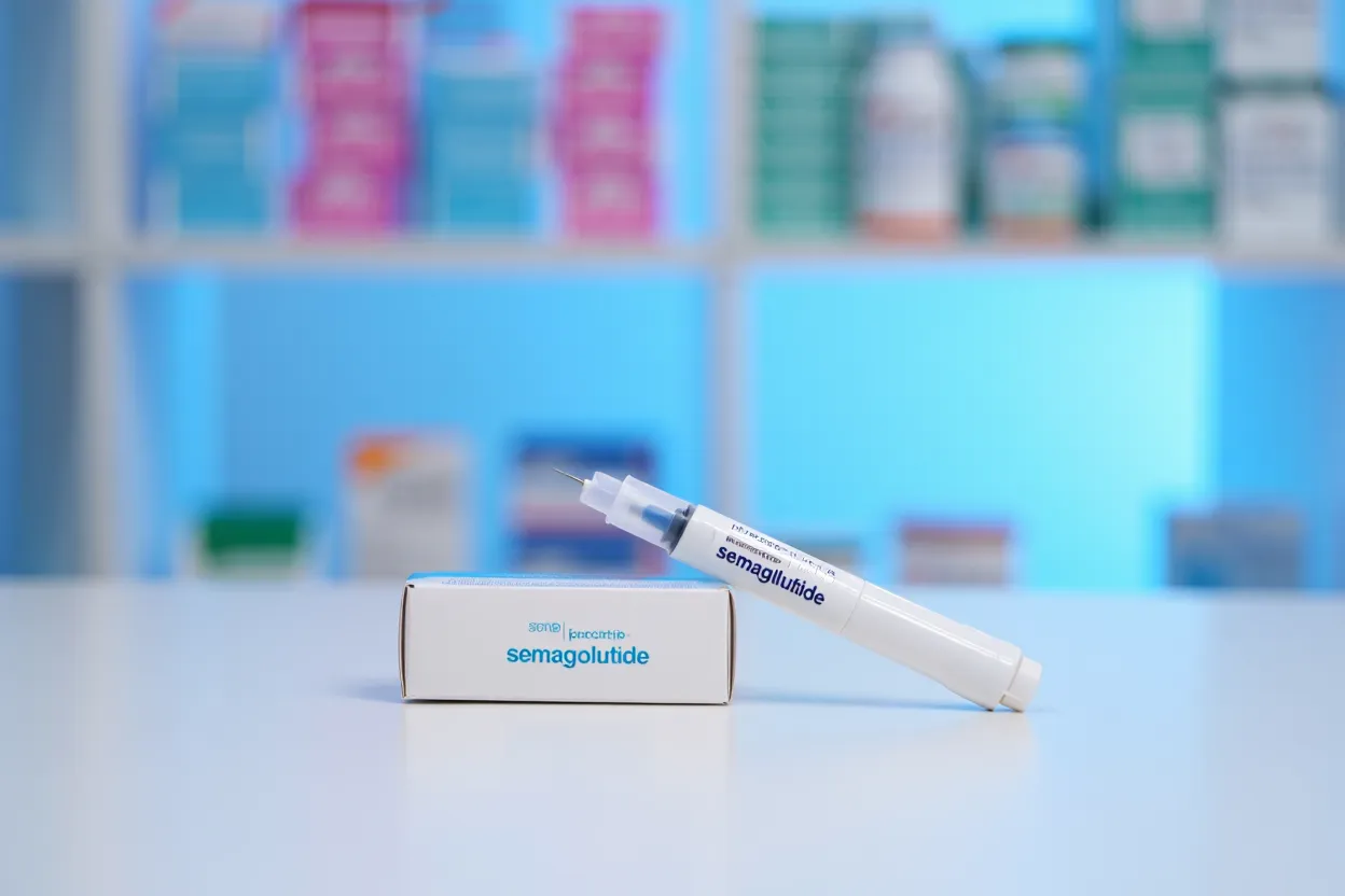 Stylo d'injection sémaglutide posé sur un comptoir de pharmacie — illustration de l'essai du générique Zydus Lifesciences