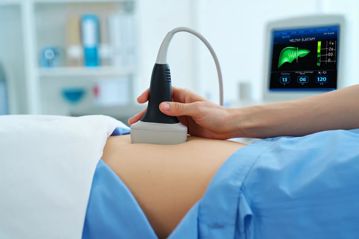 Appareil Fibroscan mesurant la stéatose hépatique chez un patient traité par GLP-1
