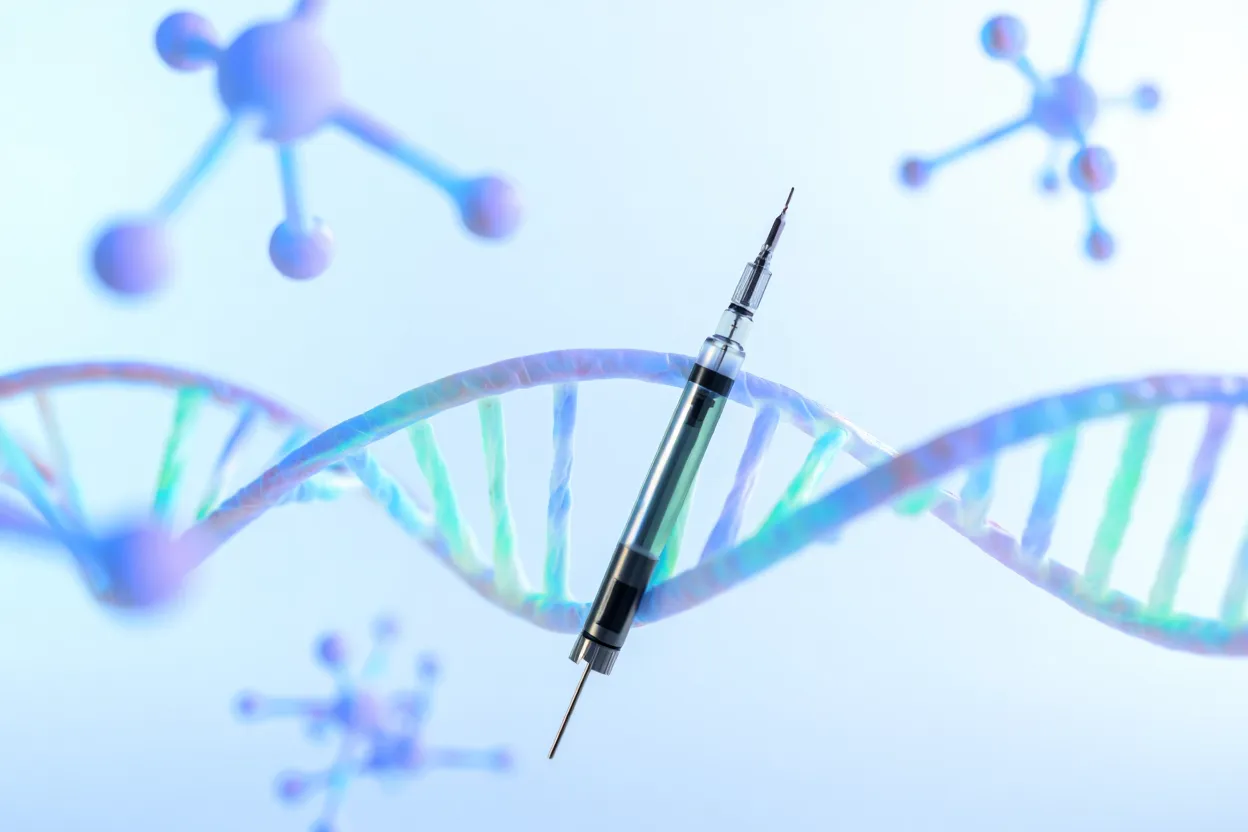 Illustration ADN et stylo injecteur GLP-1 — concept de pharmacogénomique