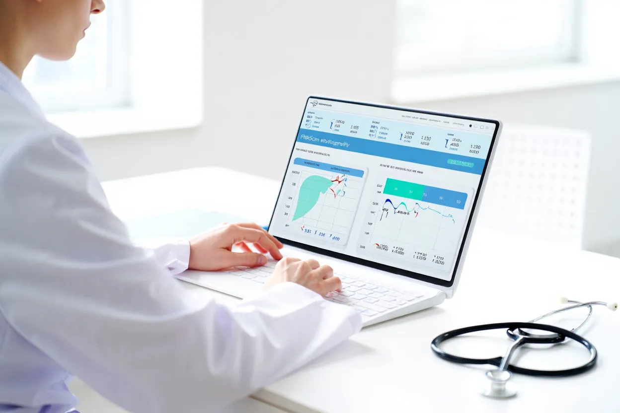 Illustration médicale d'un médecin analysant des résultats de FibroScan sur un écran, dans un cadre clinique moderne aux tons bleus et verts