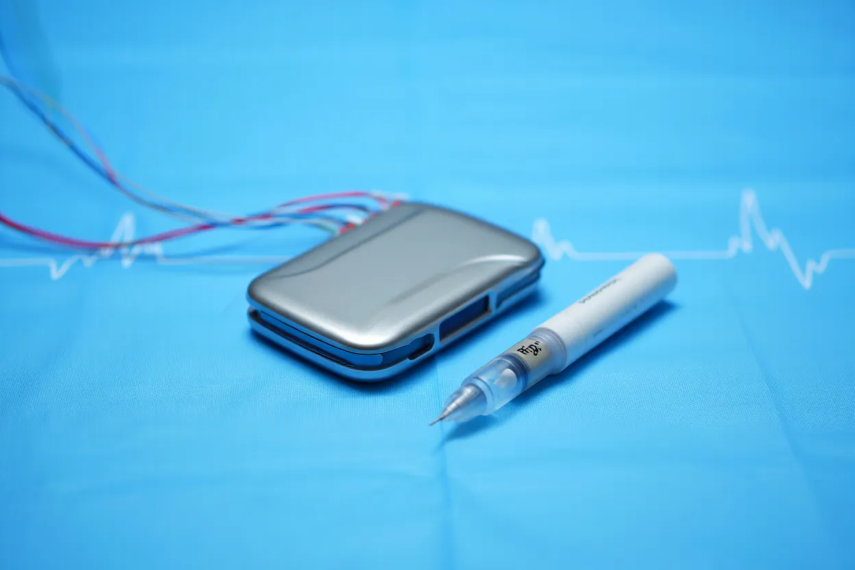 Défibrillateur cardiaque implantable et stylo injecteur Wegovy sur surface médicale