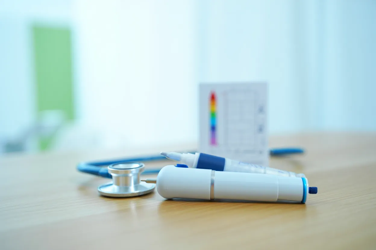 Stylos injecteurs de sémaglutide et de liraglutide posés sur une table de consultation, illustration des traitements GLP-1 chez l'adolescent